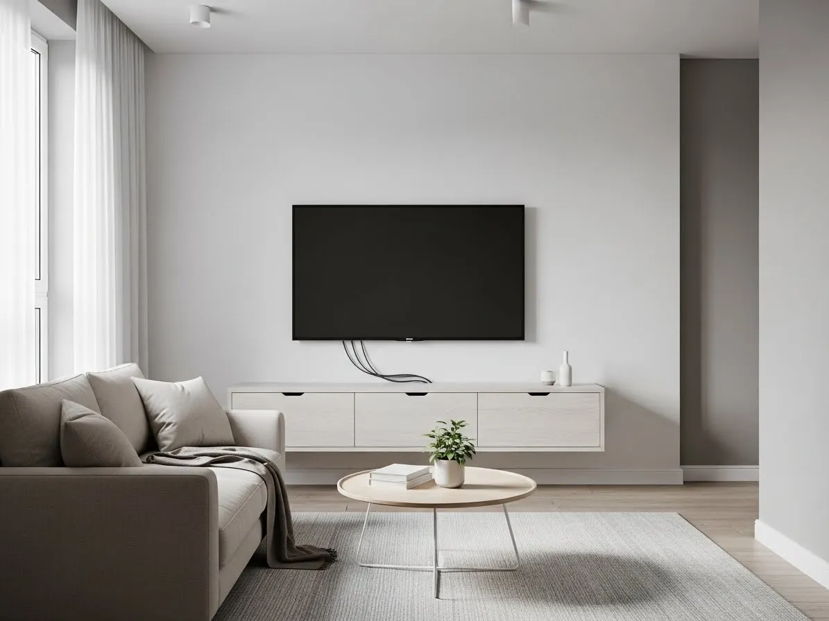 Small living room layout with TV on a minimalist wall with hidden cables
