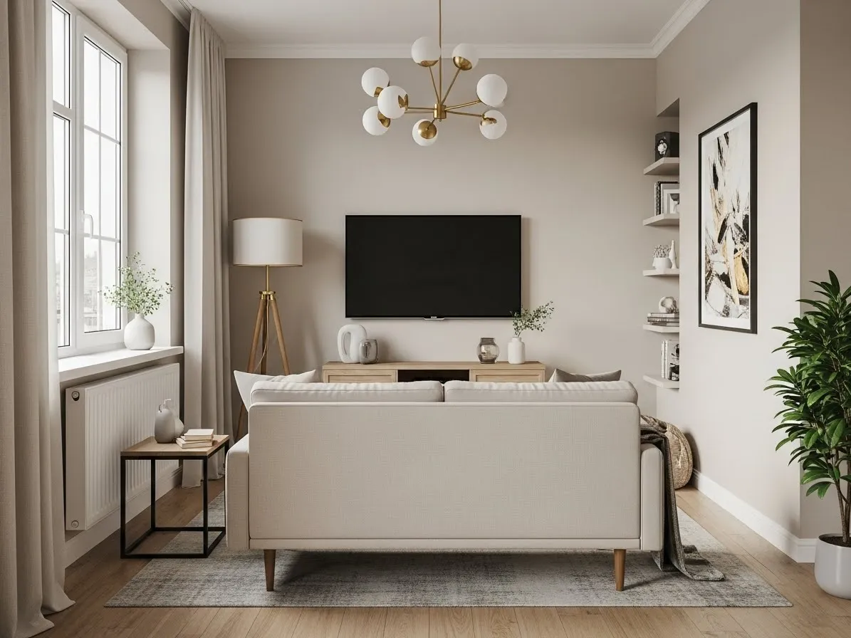 Small living room layout with TV facing a compact sofa in a clean, classic arrangement