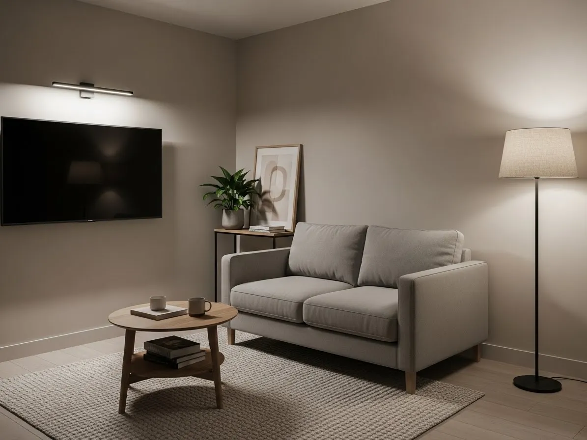 Small living room layout with TV facing sofa, comfortable and functional seating arrangement