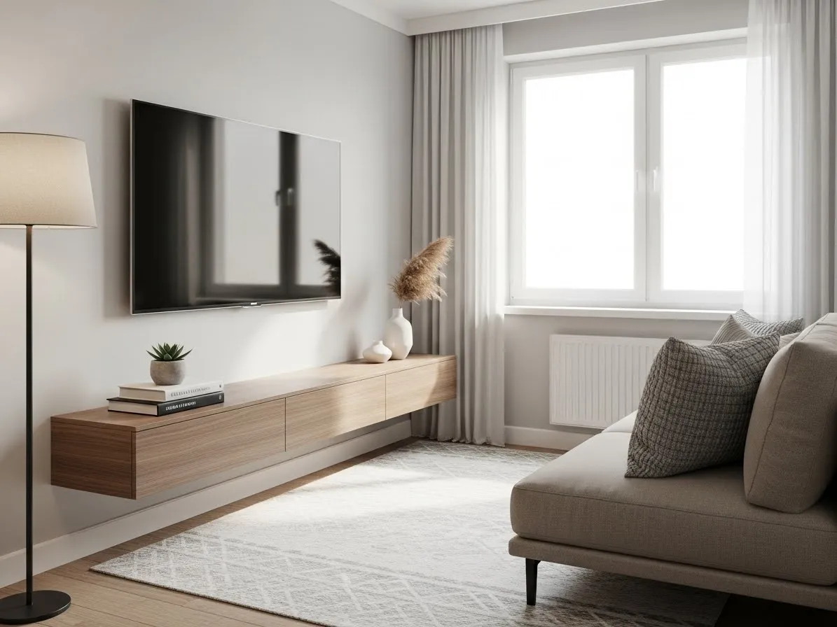 Small living room layout with TV wall-mounted above floating console, modern space-saving design