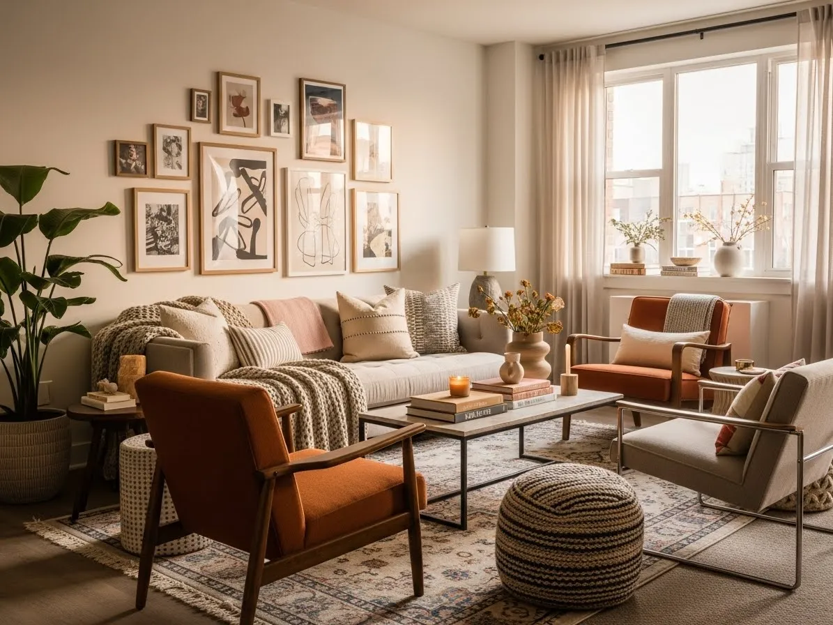 Eclectic apartment with plush seating balanced by structured furniture for a cozy polished look