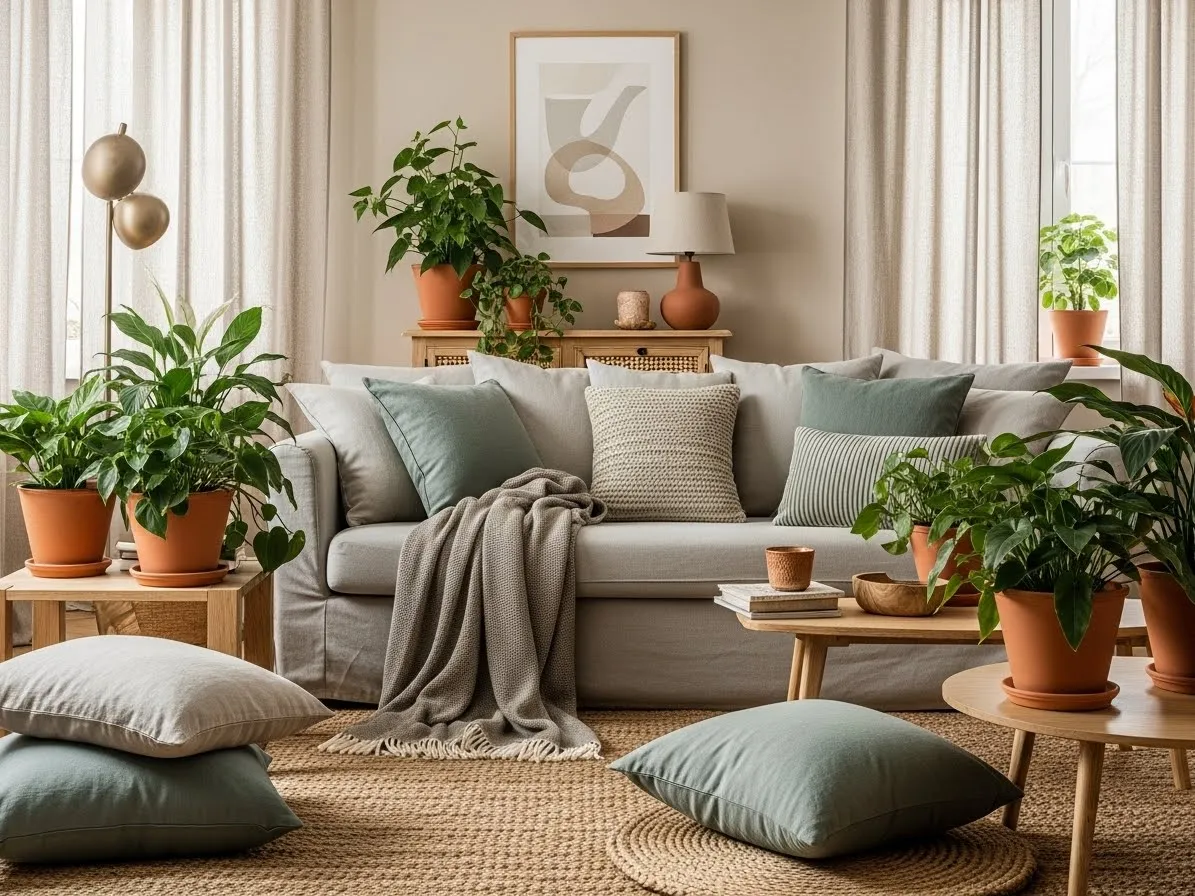 Warm earthy living room with soft natural color palette and cozy layered textiles