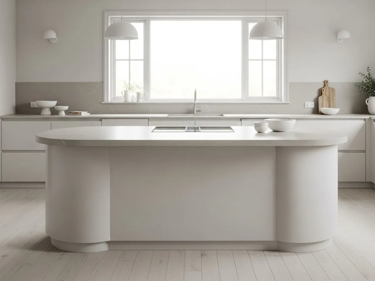 Soft white curved kitchen island in a bright modern kitchen