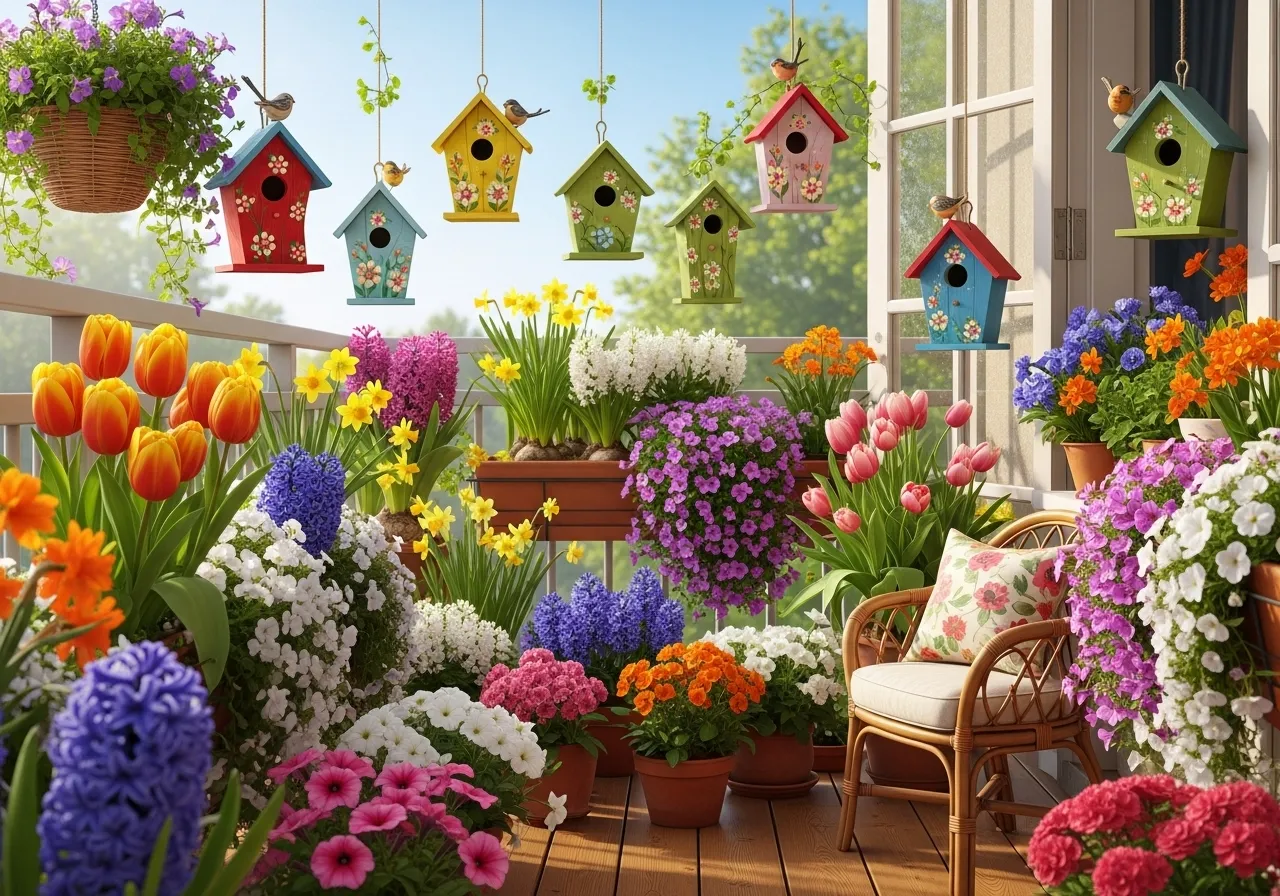 Colorful birdhouse adding playful spring charm to outdoor decor