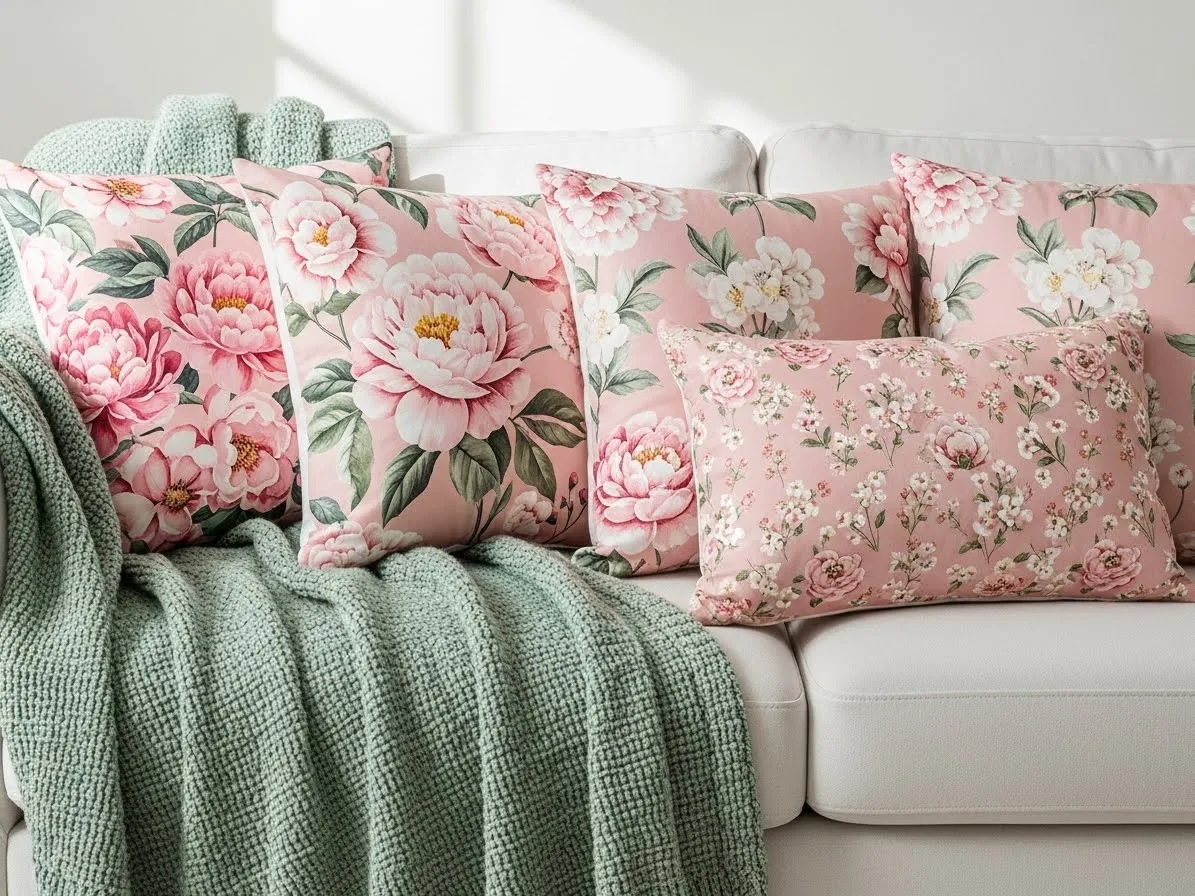 Blush floral spring couch pillows with a sage green throw on a light sofa.