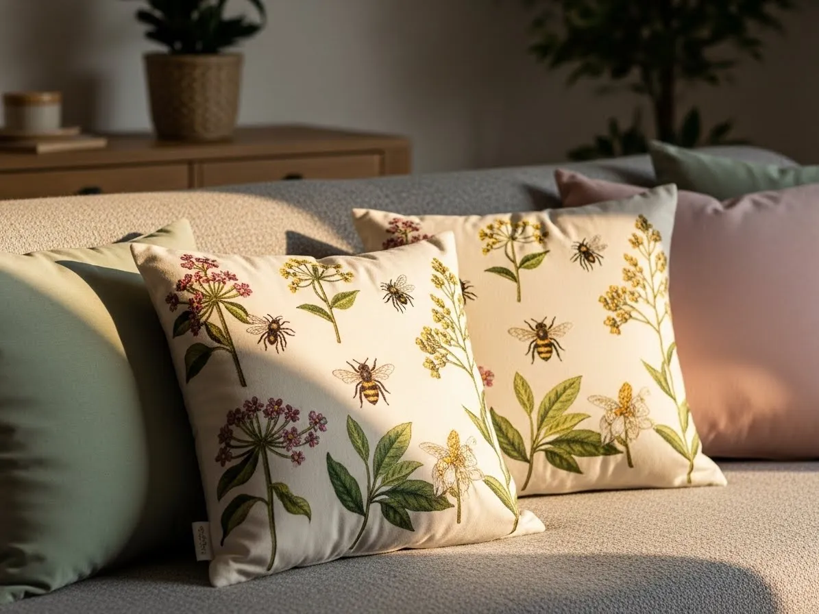 Spring couch pillows with botanical prints and embroidered bees on a neutral sofa.