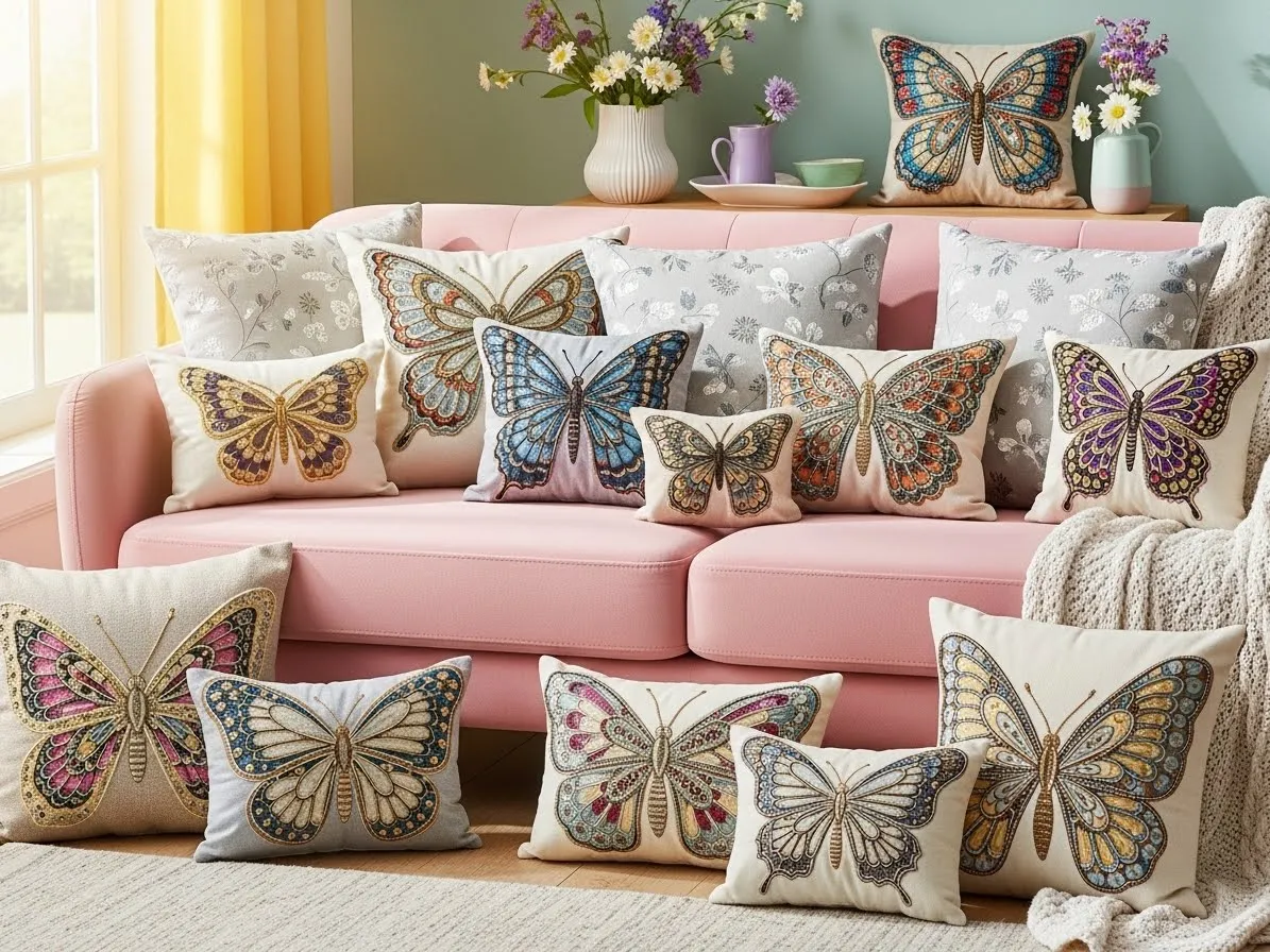 Spring couch pillows with embroidered butterflies styled on a pastel sofa.