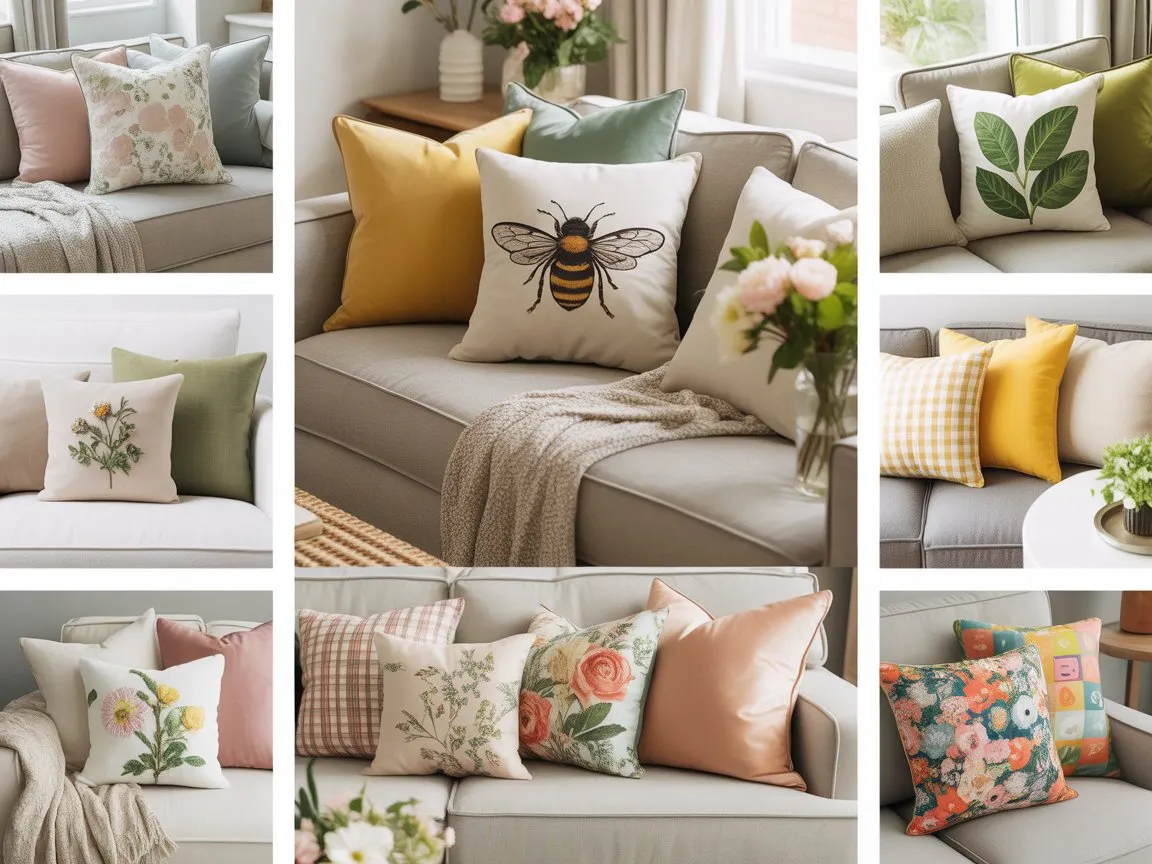 Collage of colorful spring couch pillows featuring florals, pastels, botanicals, and fresh spring patterns.