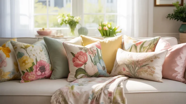 Colorful spring couch pillows styled on a neutral sofa with florals, pastels, and fresh spring dé