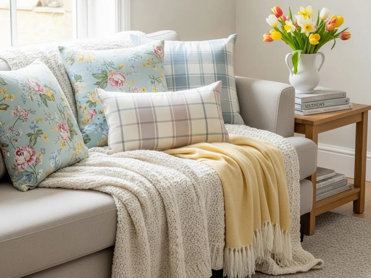 Spring couch pillows combining floral linen and plaid on a neutral sofa.