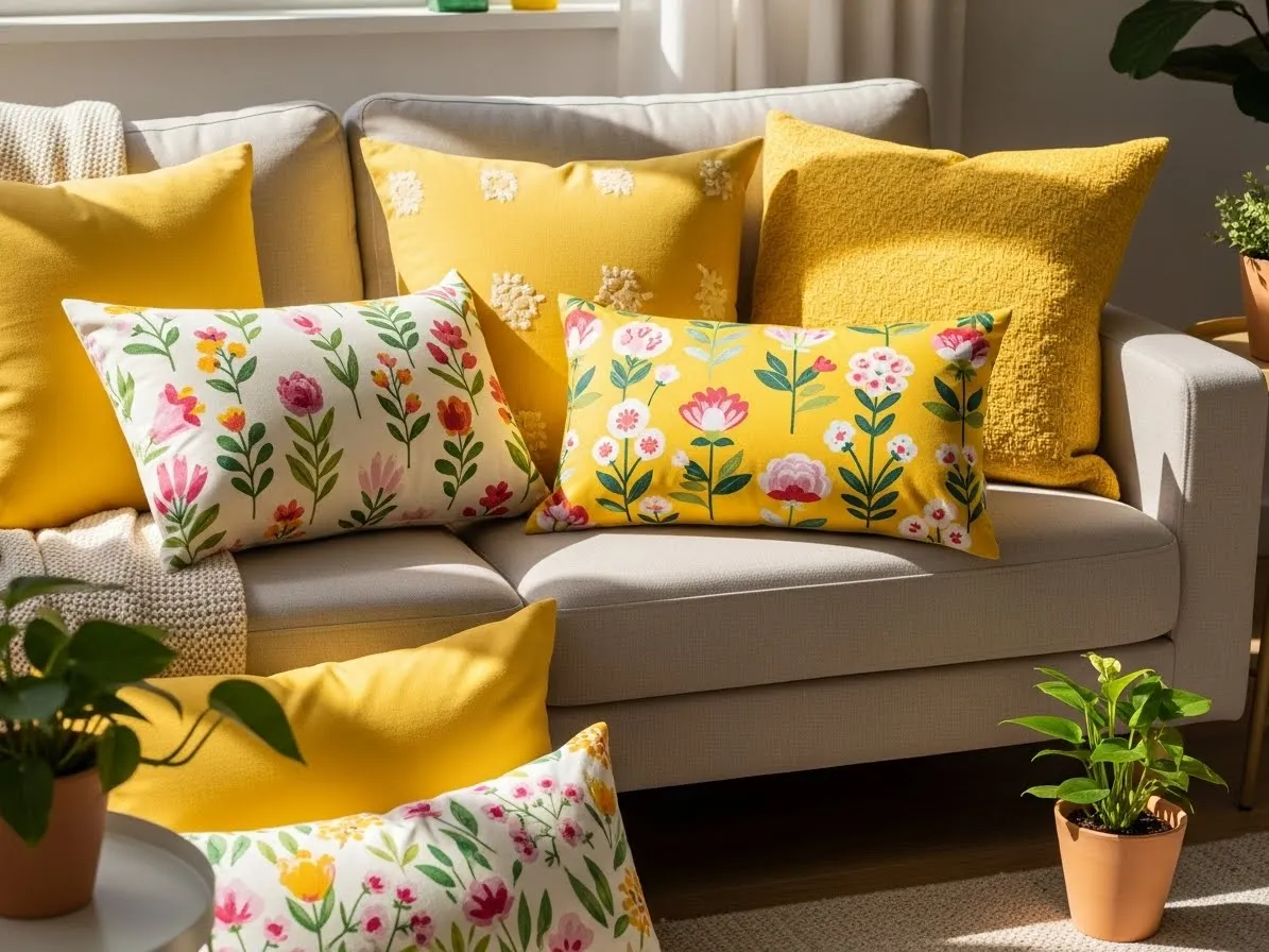 Spring couch pillows in floral and sunshine yellow colors on a neutral sofa