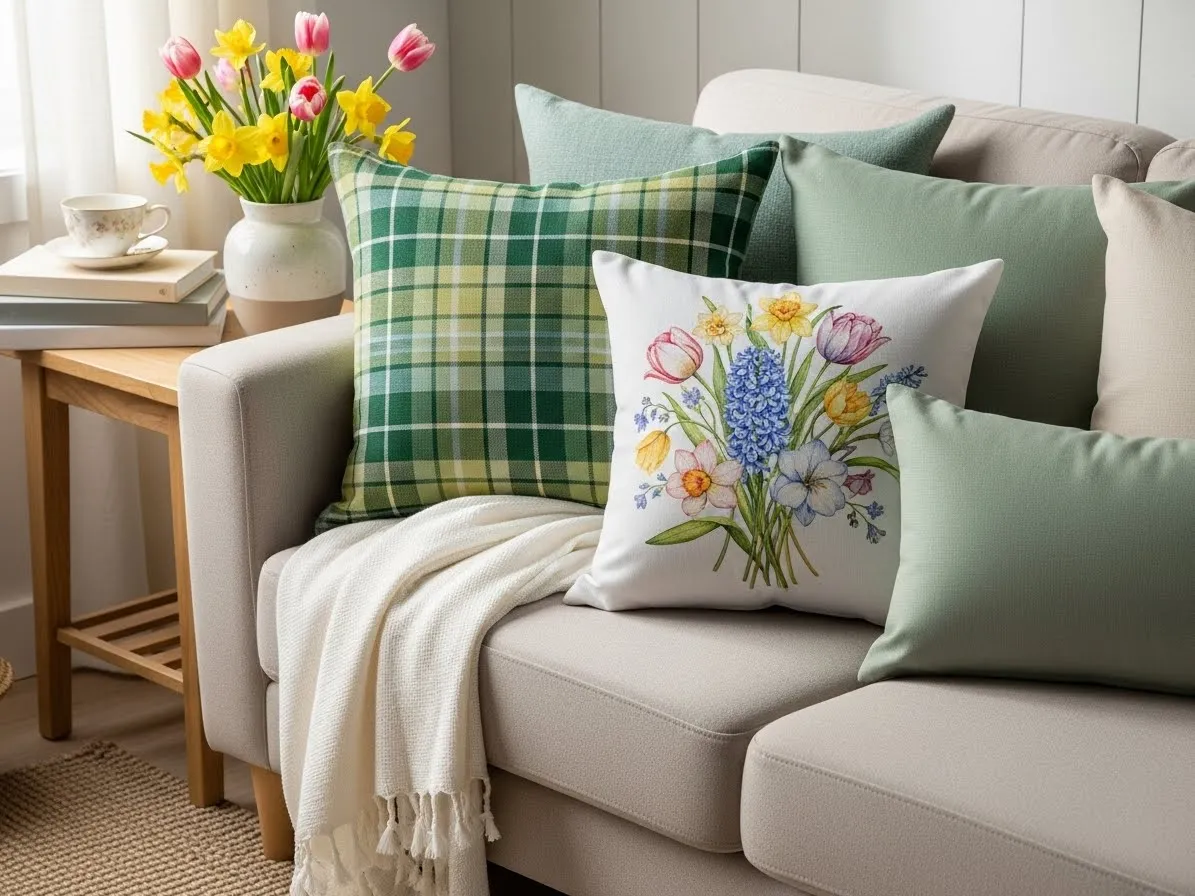 Spring couch pillows in green plaid and floral linen on a light sofa.