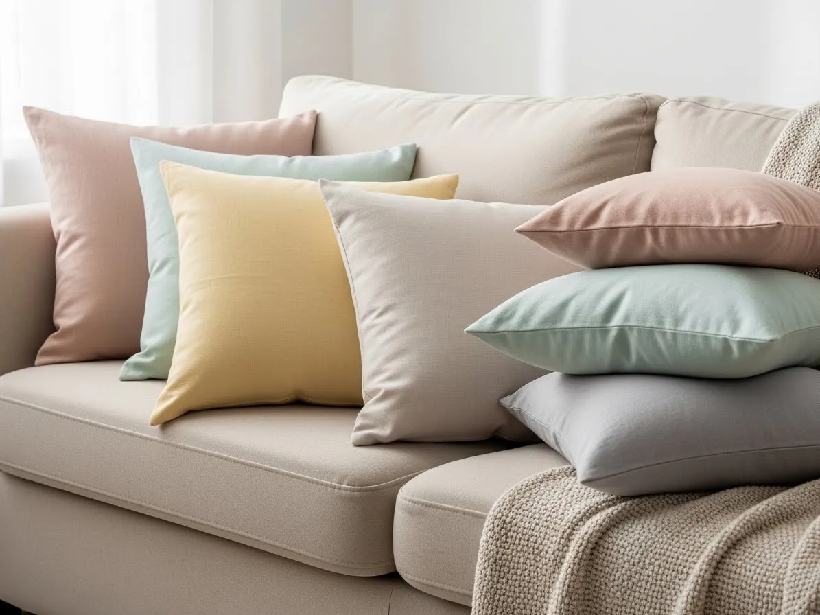 Neutral linen spring couch pillows in pastel shades on a cozy beige sofa.