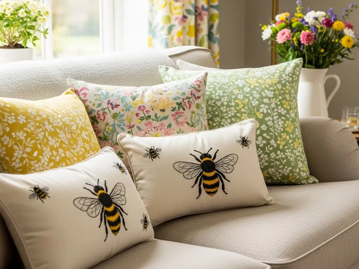 Spring couch pillows in pastel florals and embroidered bees on a cozy living room sofa.