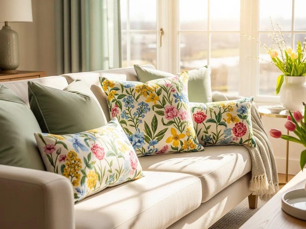 Spring couch pillows combining sage velvet and floral linen on a light sofa