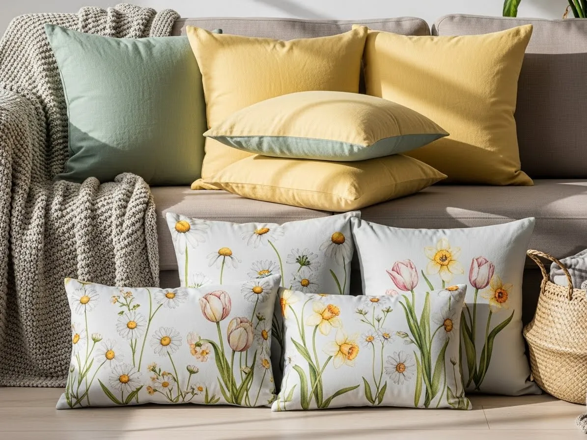 Spring couch pillows in sage green and yellow linen on a neutral sofa.