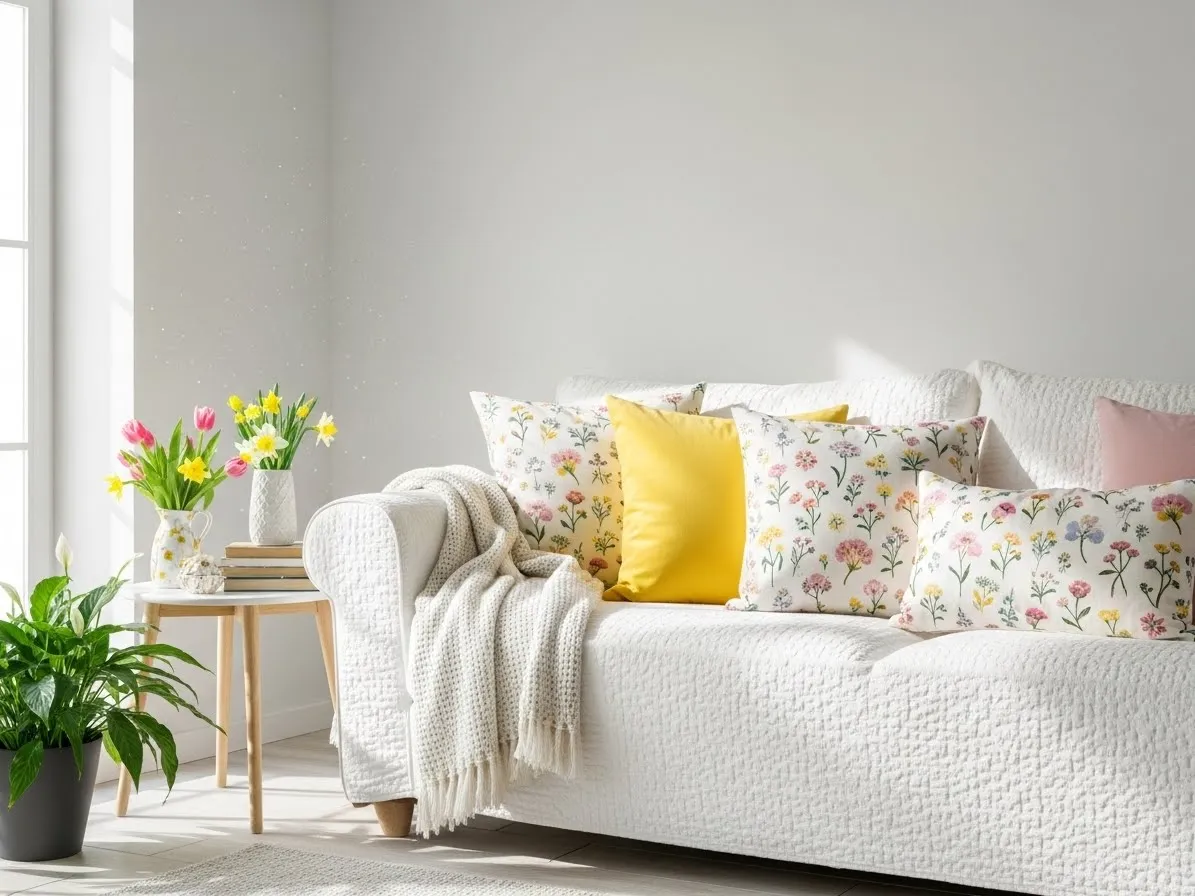 White sofa with pastel spring couch pillows in floral, yellow, and blush tones.