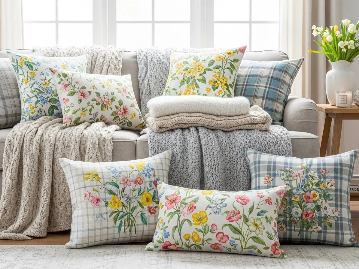 pring couch pillows combining floral linen and plaid on a neutral sofa.
