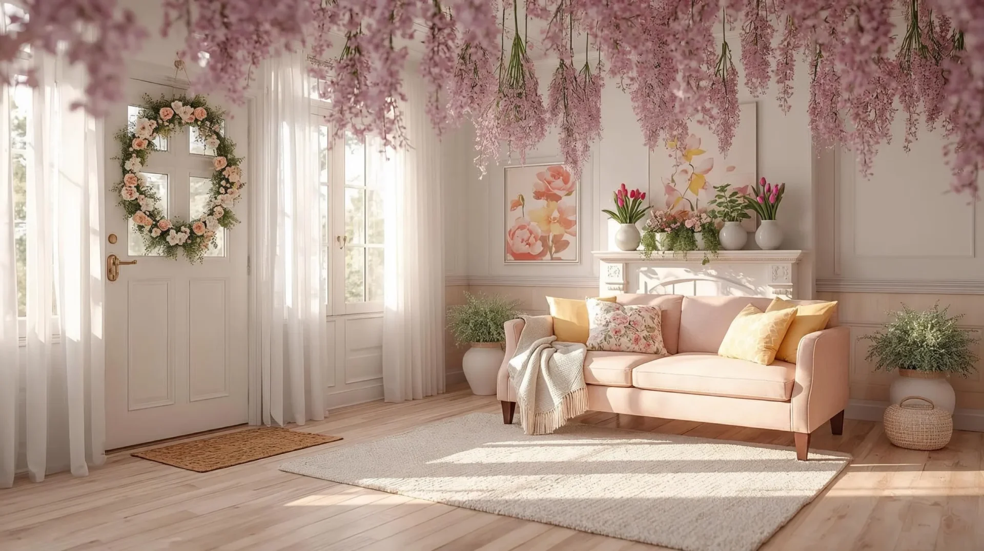 Colorful spring home decor featuring pastel couch, floral mantel, spring wreath, doormat, and hanging lavender blossoms