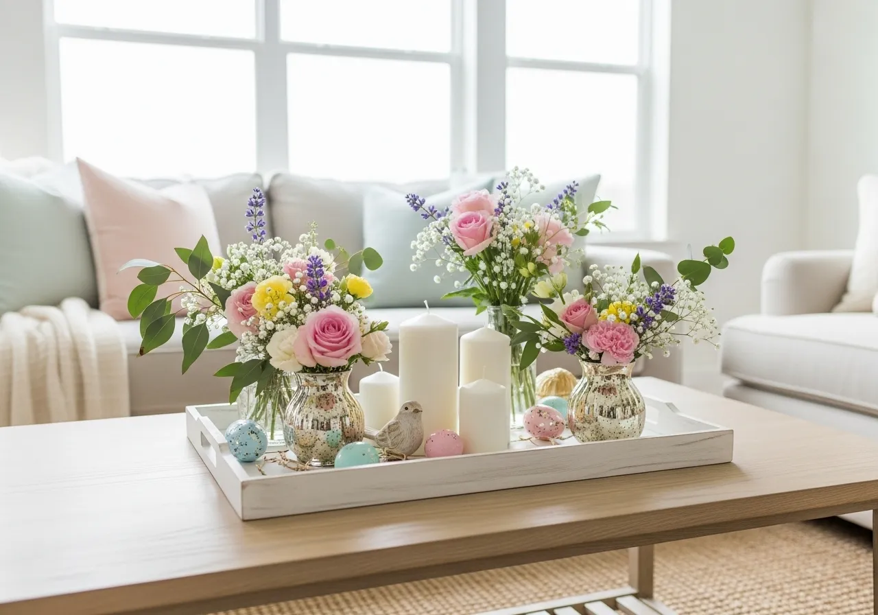 Decorative tray styled with spring accents for a fresh home look