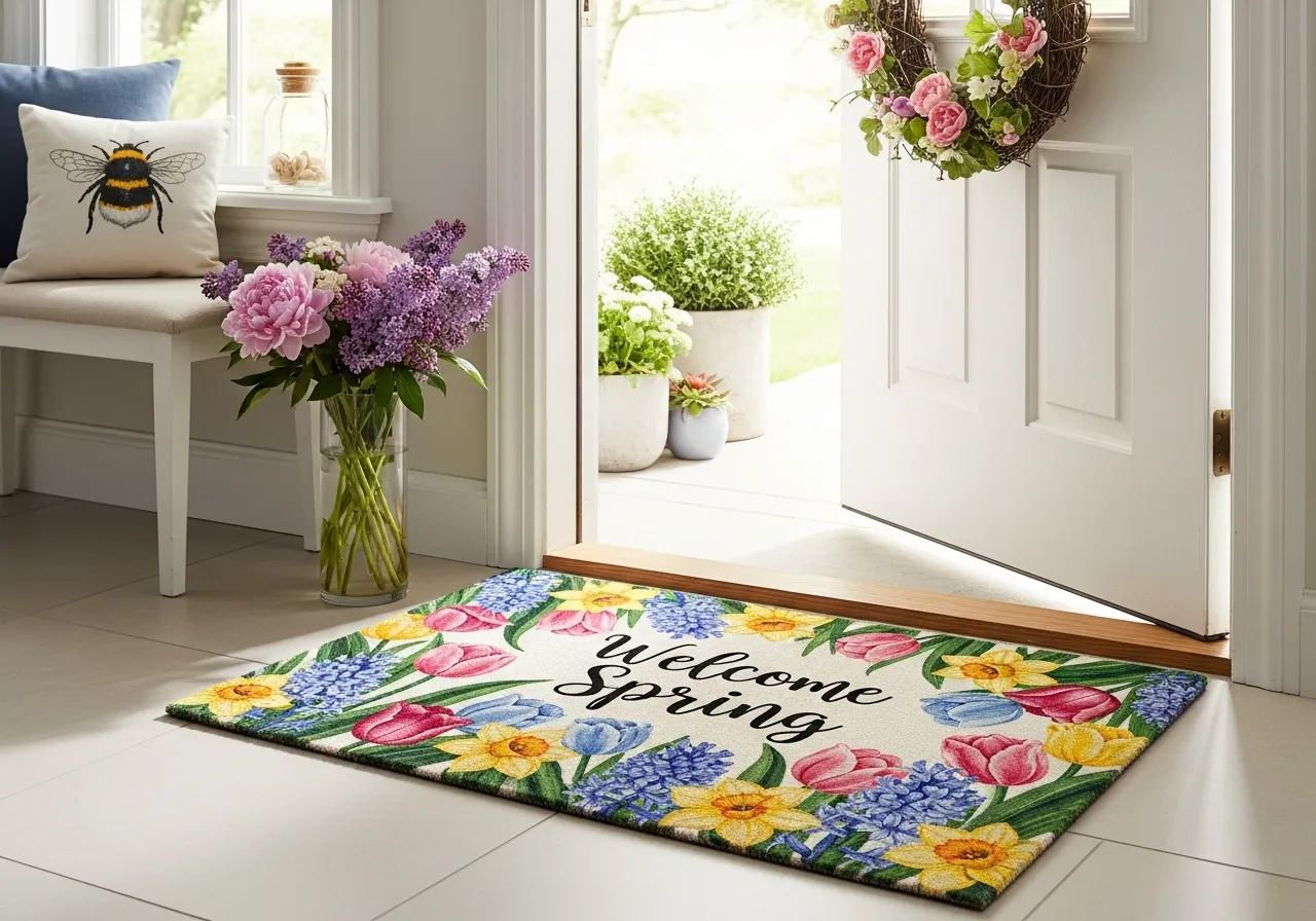Spring doormat adding a cheerful touch to the home entrance