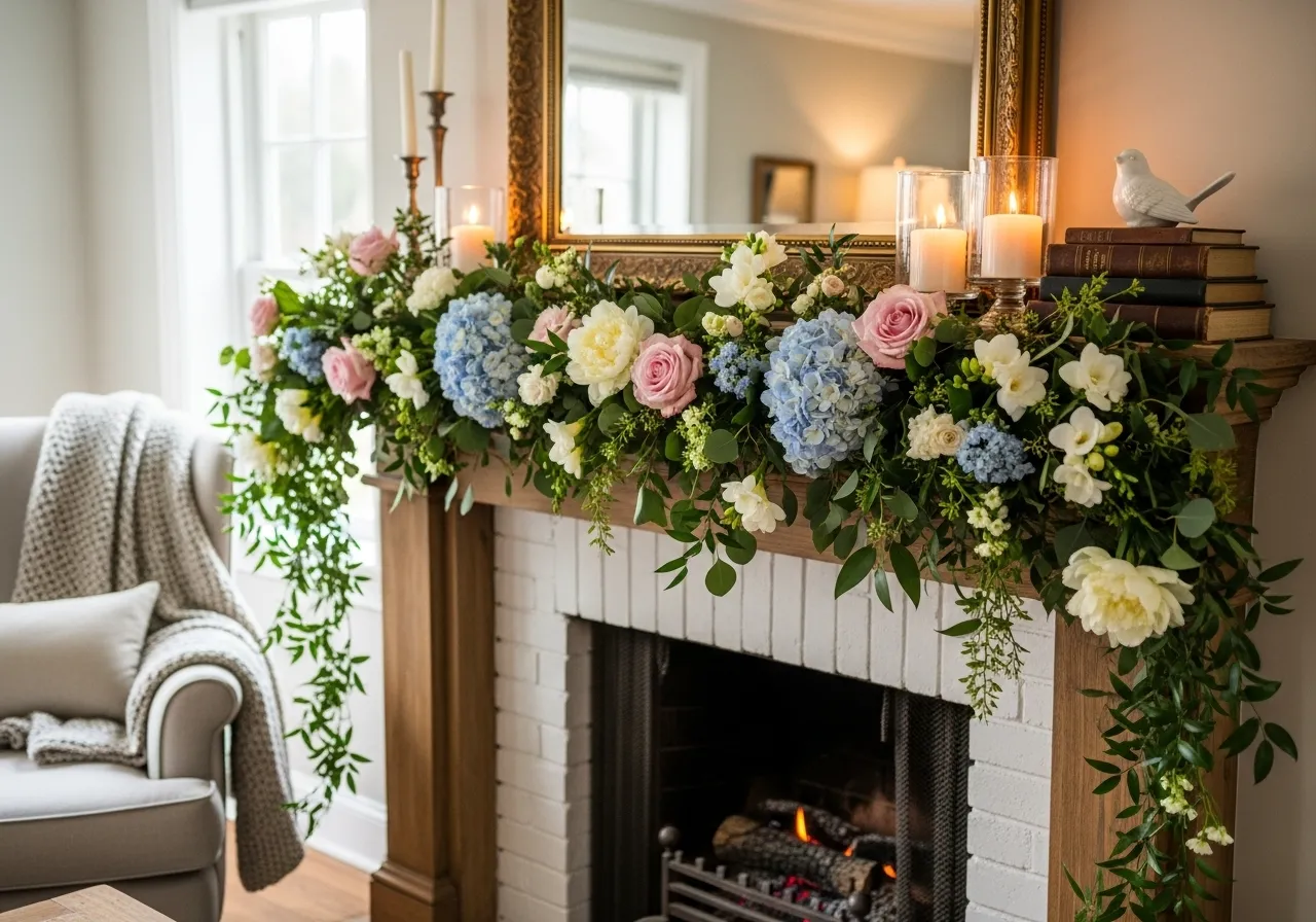 Spring floral garland decorating a mantel with soft seasonal charm