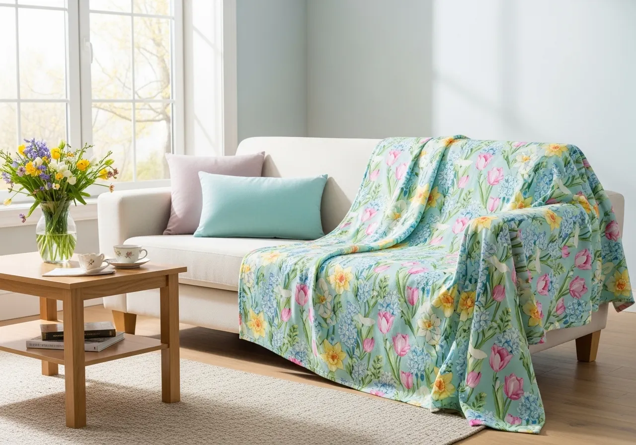Floral throw blanket adding soft spring color to living room