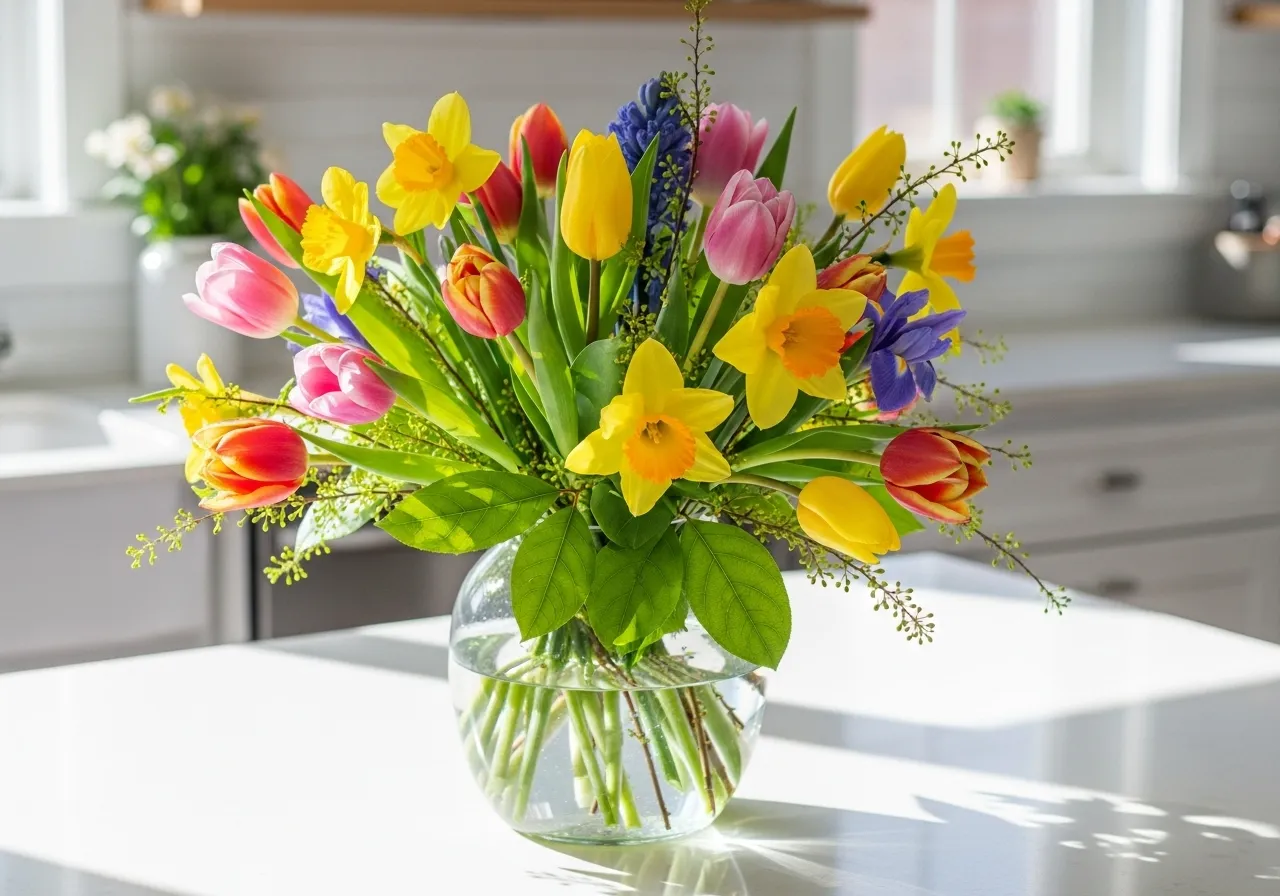 Fresh spring flower arrangement brightening a modern home interior
