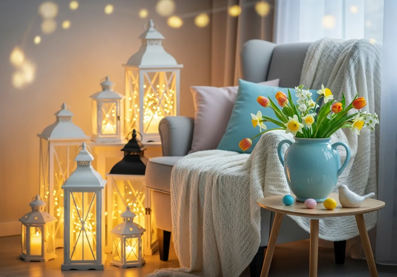 Lanterns and fairy lights adding soft spring ambiance to home