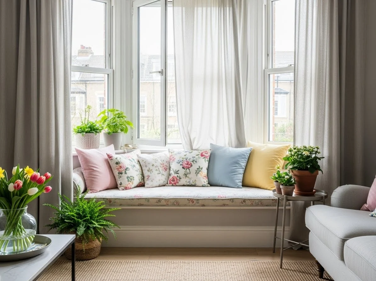 Spring living room with bay window styled with floral cushions and pastel accents.