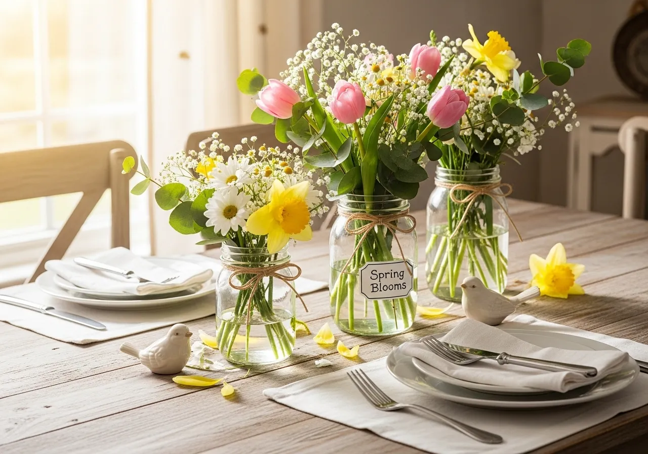 Mason jar flowers creating a charming spring home decoration