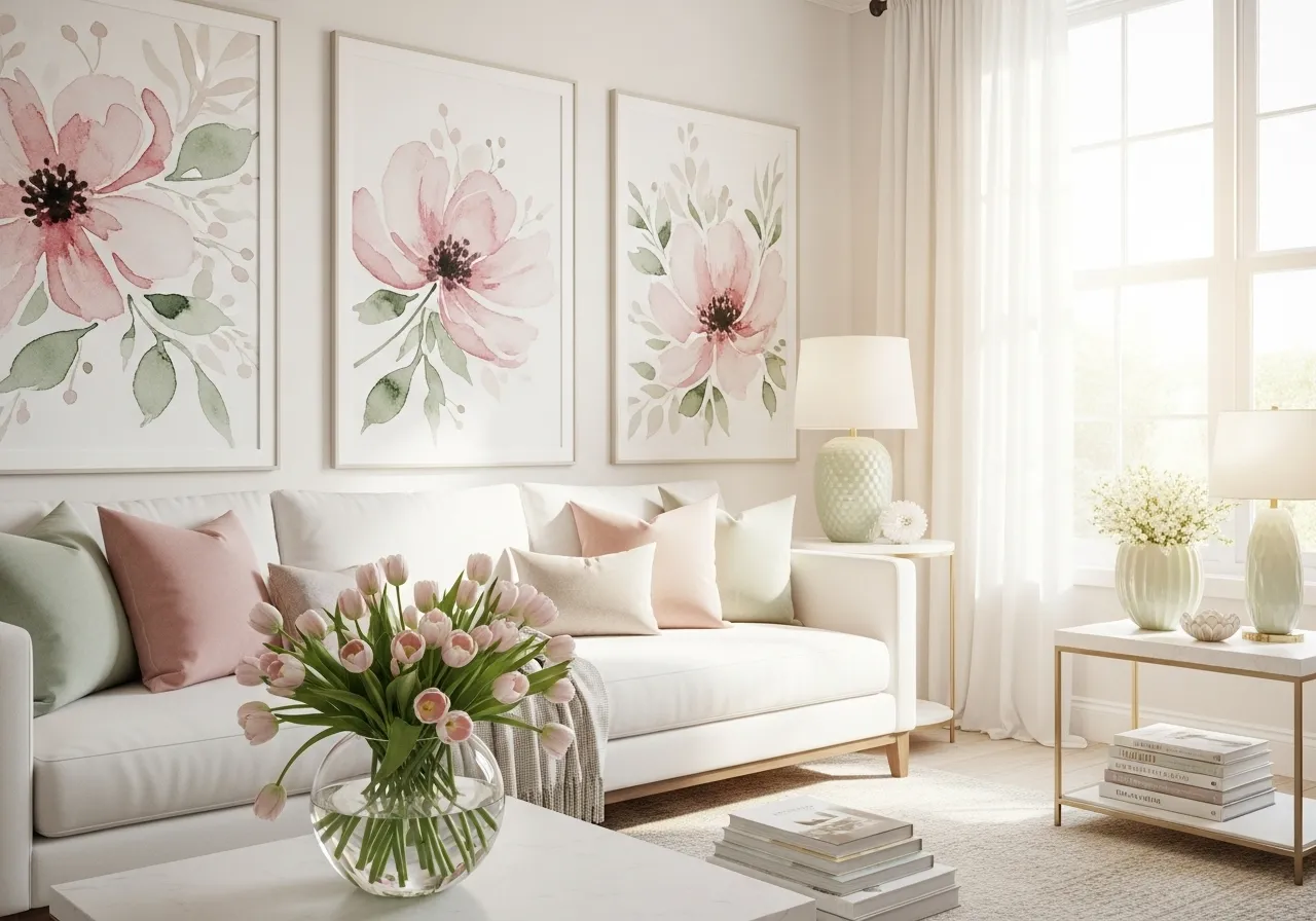 Soft pastel floral wall art bringing spring freshness to a bright living room