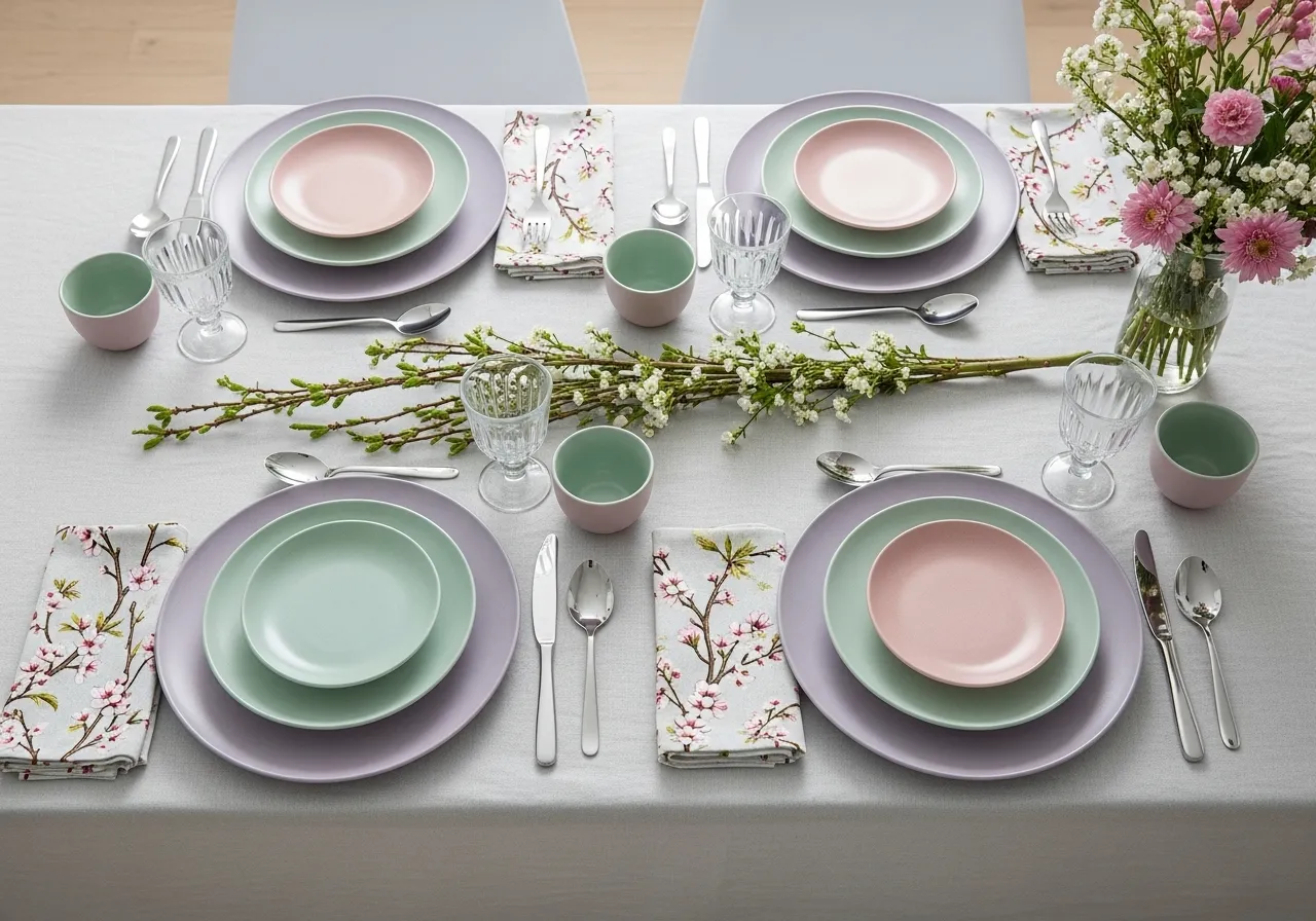 Pastel spring table setting creating a fresh and cheerful dining space