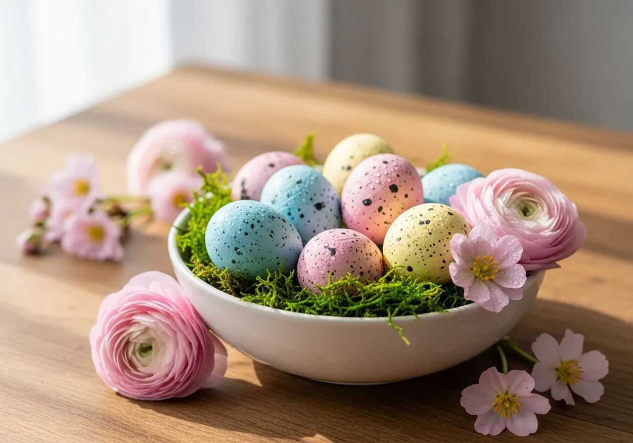 Pastel speckled eggs styled in a charming spring home decor vignette