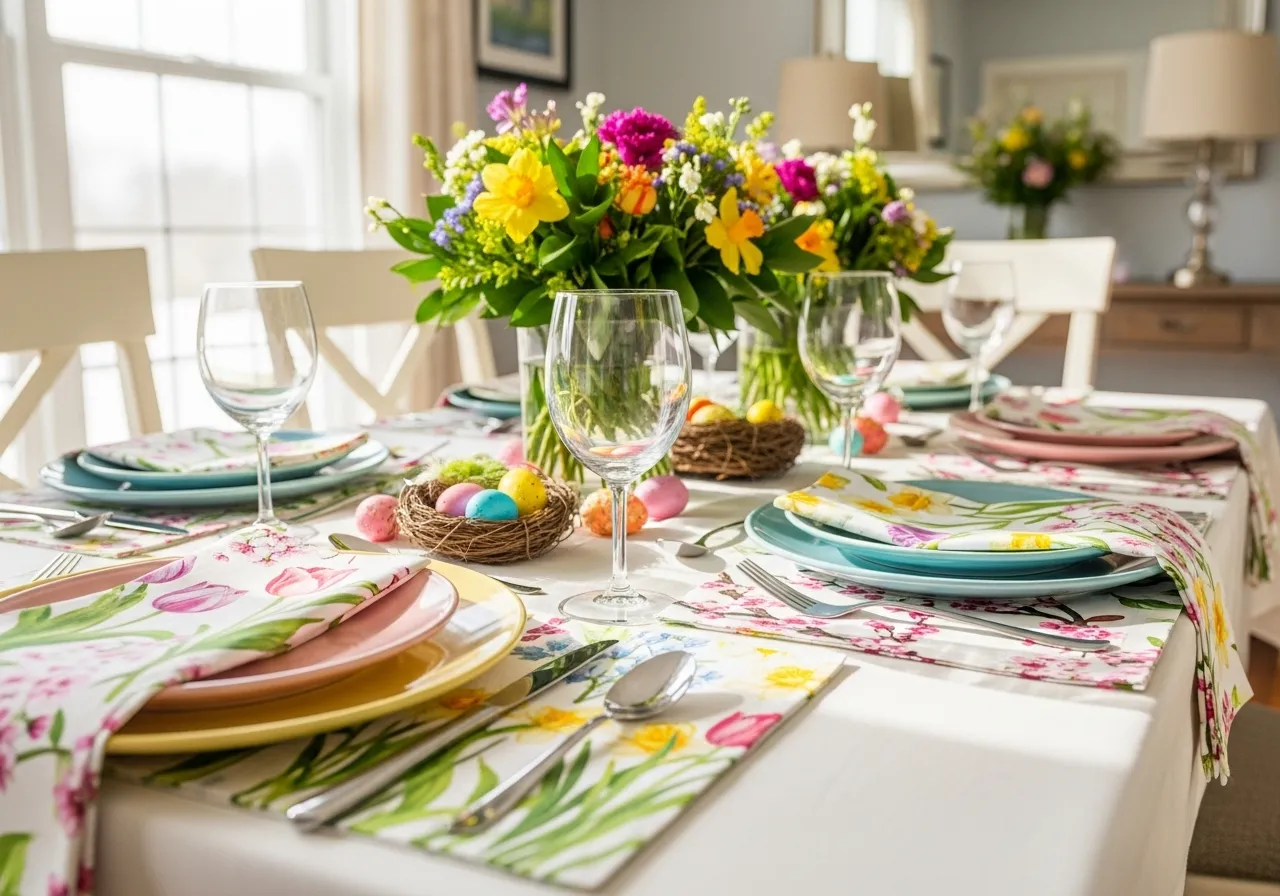 Floral spring napkins adding seasonal charm to dining decor