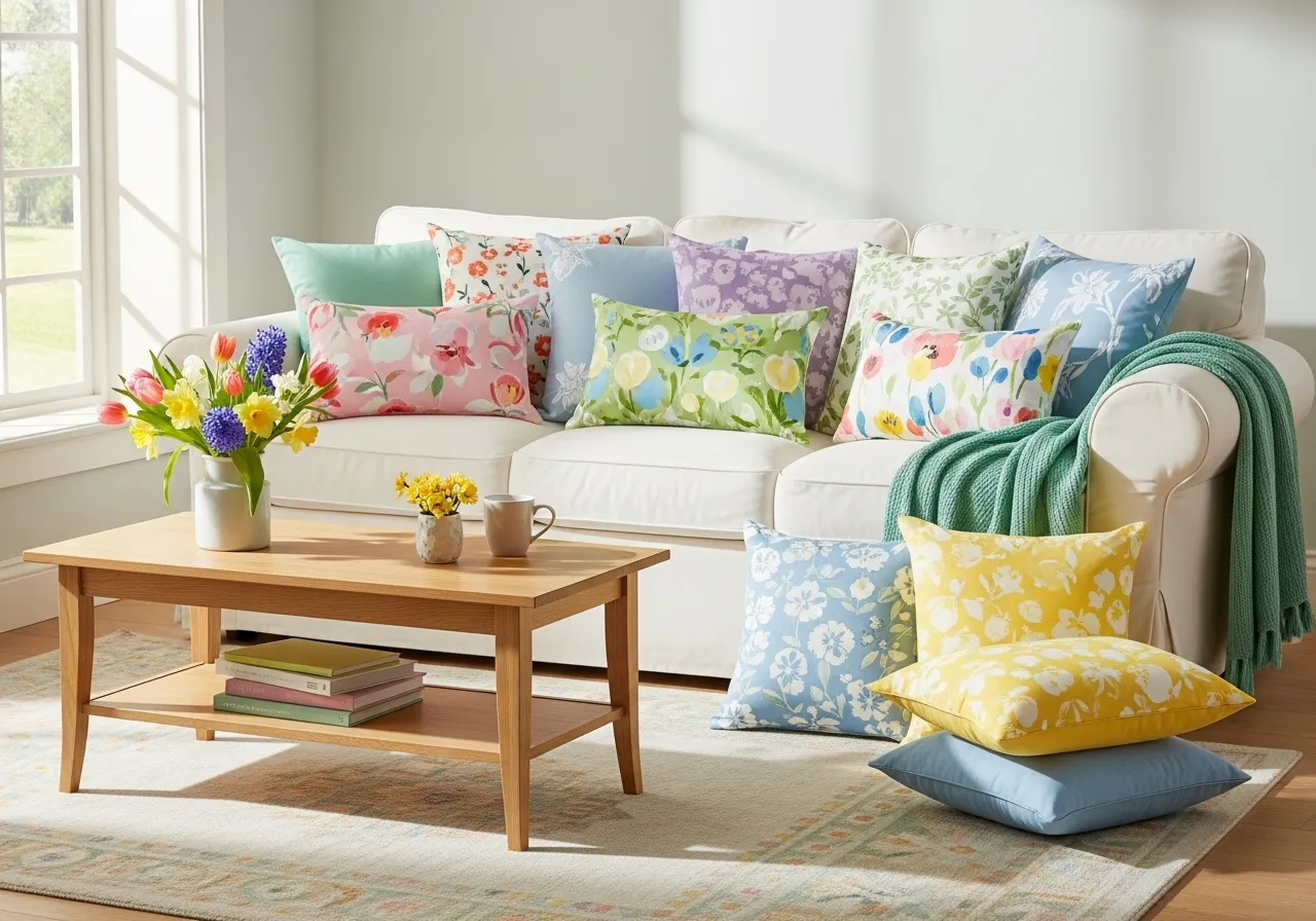 Bright spring throw pillows refreshing a living room sofa