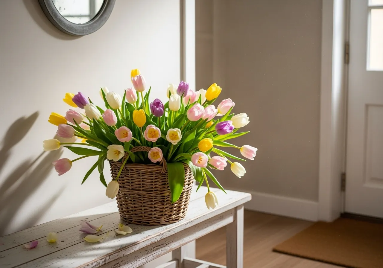 Wicker basket with pastel tulips adding spring freshness to home decor