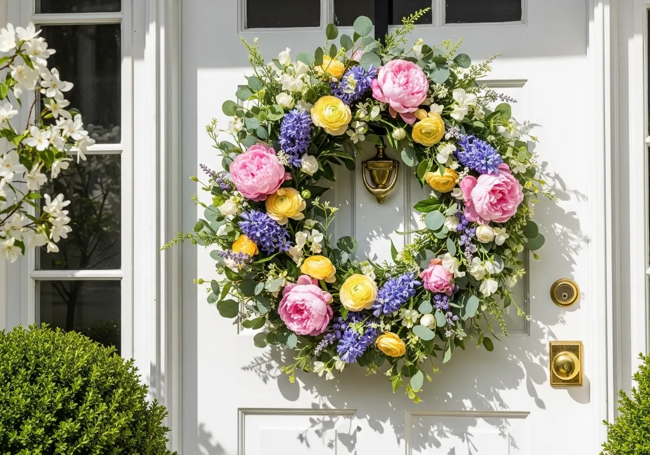 Spring wreath bringing freshness and color to a home entrance