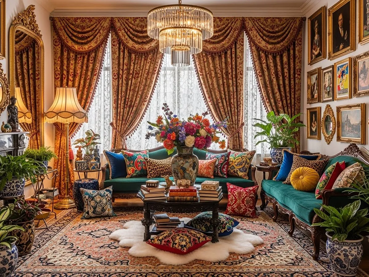 Maximalist living room with bold floor-to-ceiling curtains and layered decor