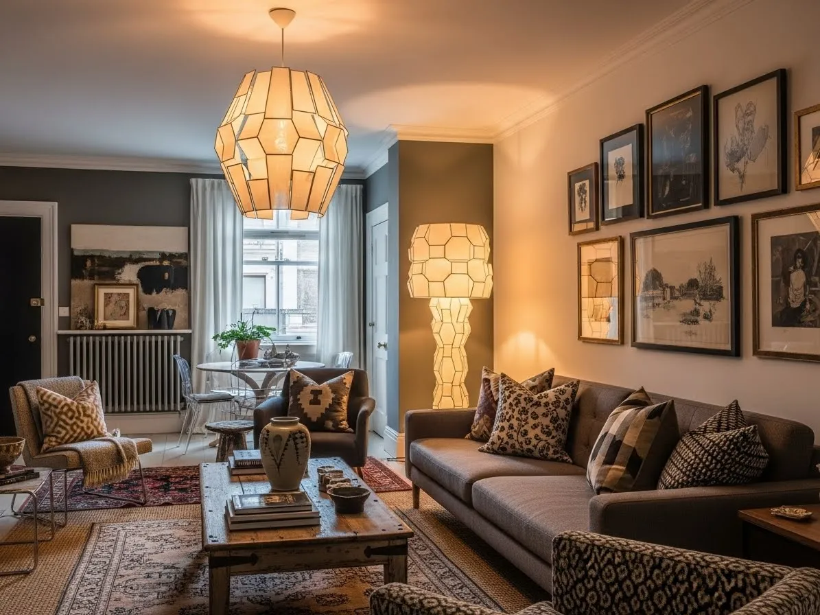 statement lighting in an eclectic apartment adding warmth and personality to the living room