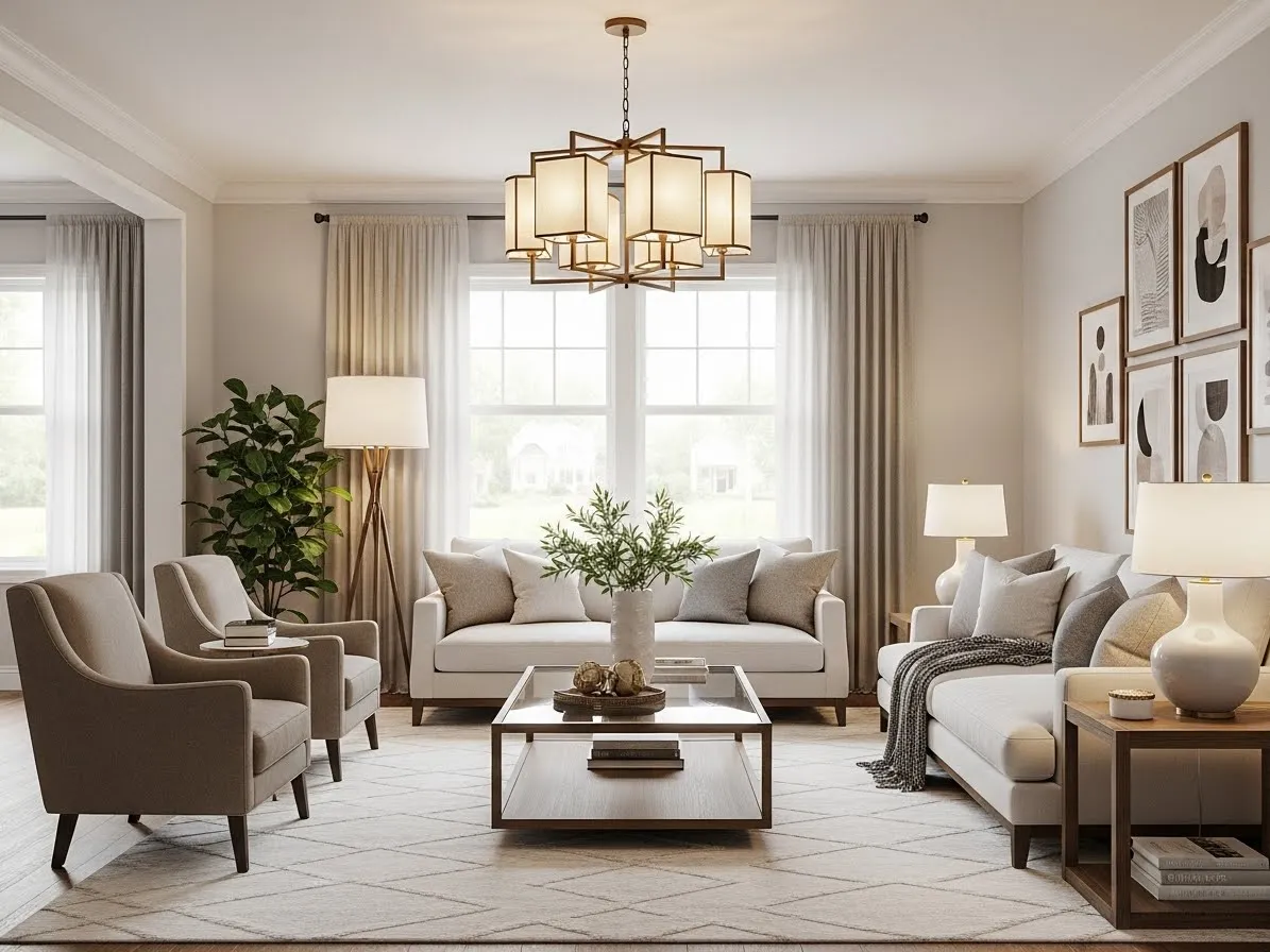 Living room interior with statement lighting and layered illumination for a stylish look.