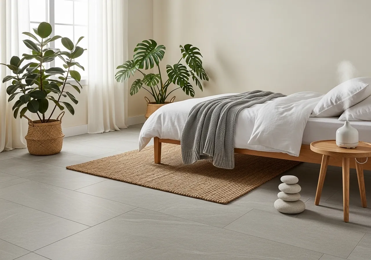 Stone-look bedroom-with-tile-floor creating a calm spa-like retreat