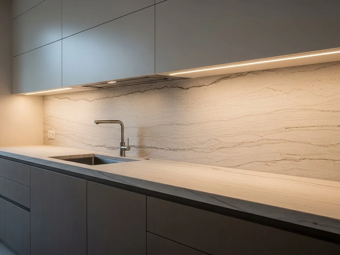 Stone slab backsplash kitchen trend with seamless modern design