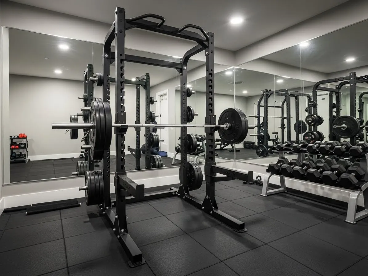 Strength training home gym ideas with rack and free weights