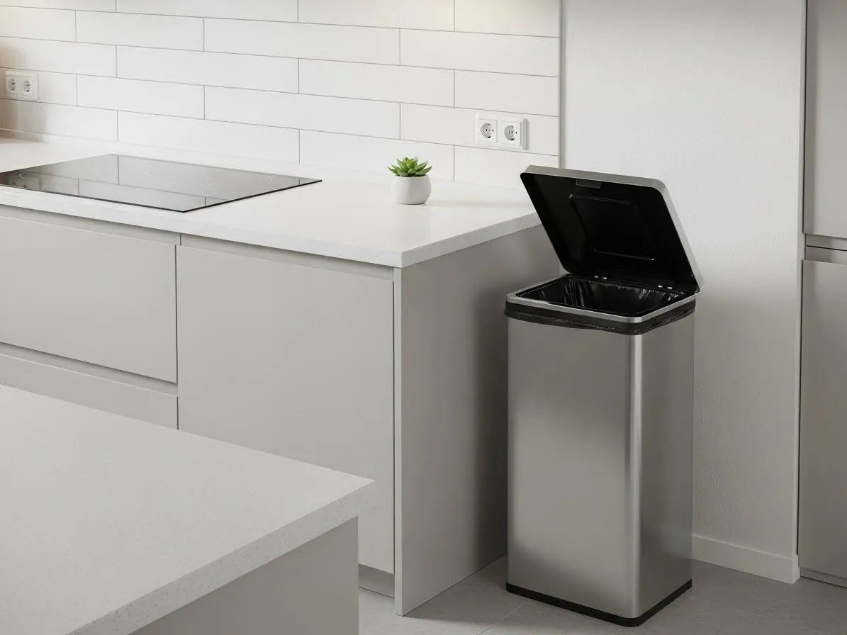 Stylish stainless steel kitchen trash can in modern kitchen