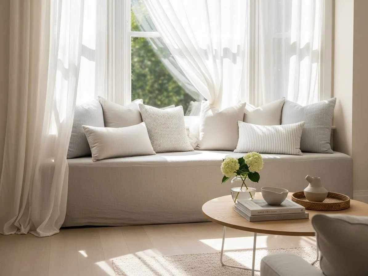 Summer living room with bay window featuring light linens and airy decor.