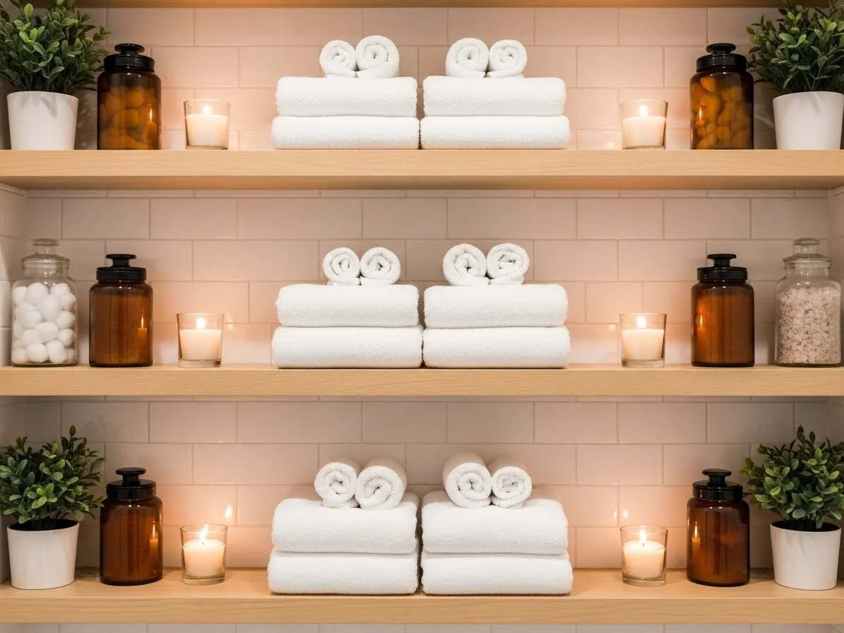 Symmetrical bathroom shelf decor for a polished look