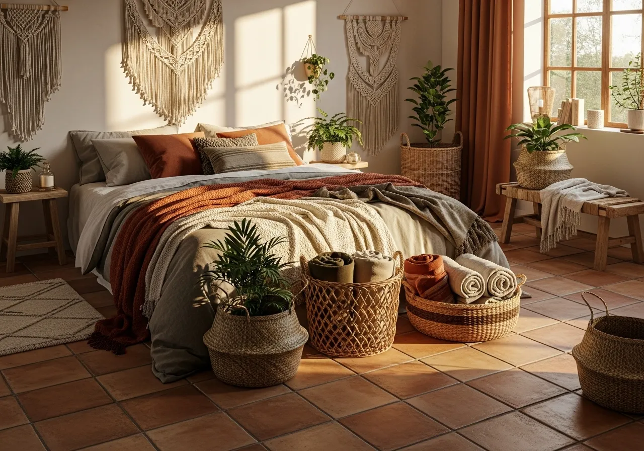 Terracotta bedroom-with-tile-floor with boho decor and warm earthy tones