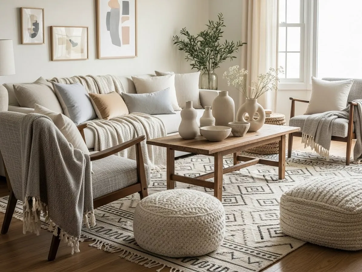 Living room interior with mixed textures creating a warm and layered design.