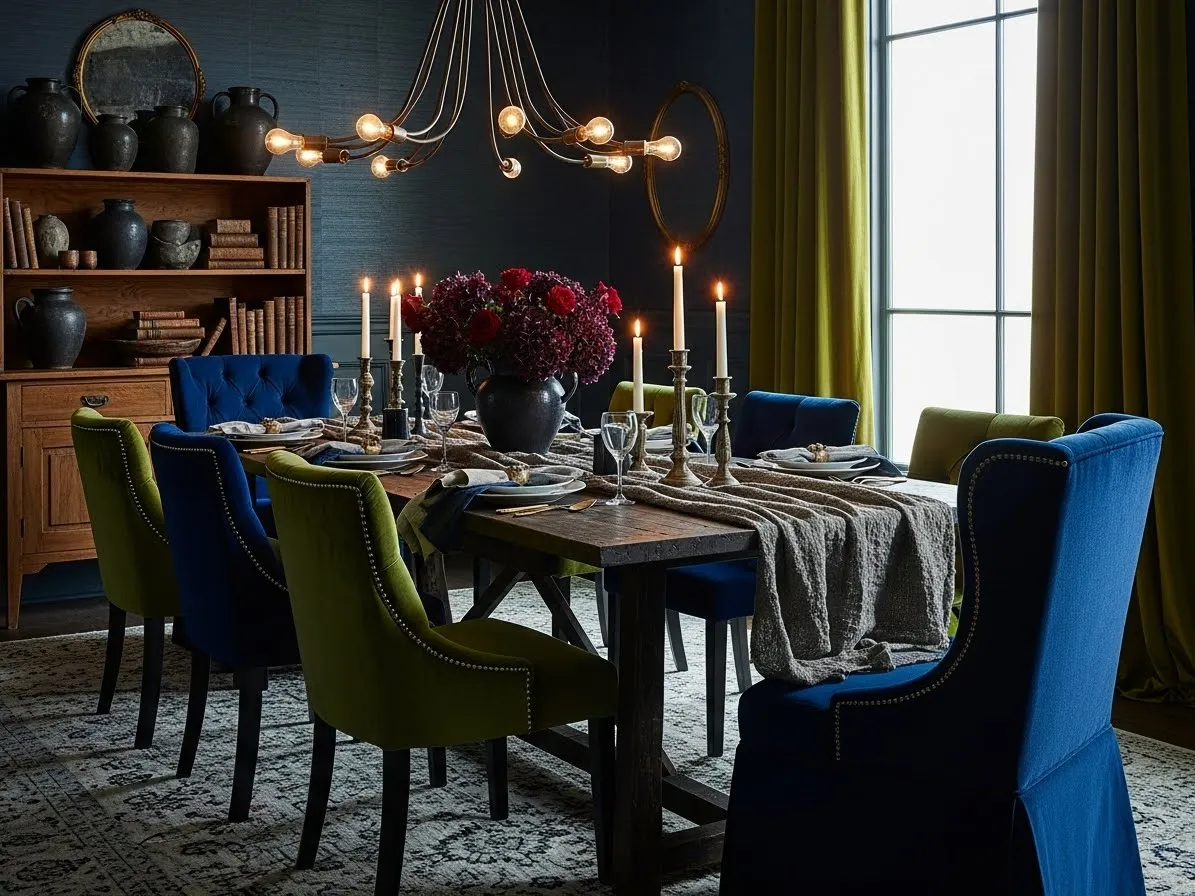 Moody dining room with layered textures and cozy design